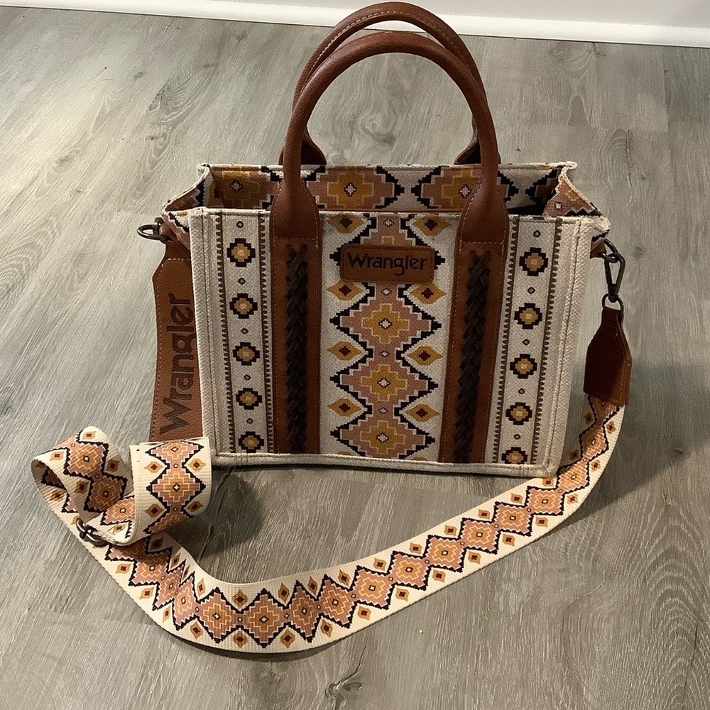 Wrangler southwestern print small canvas tote purse brown & white